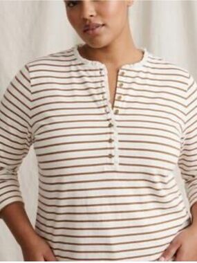 J Crew Factory Henley top with thin horizontal stripes., lace around collar